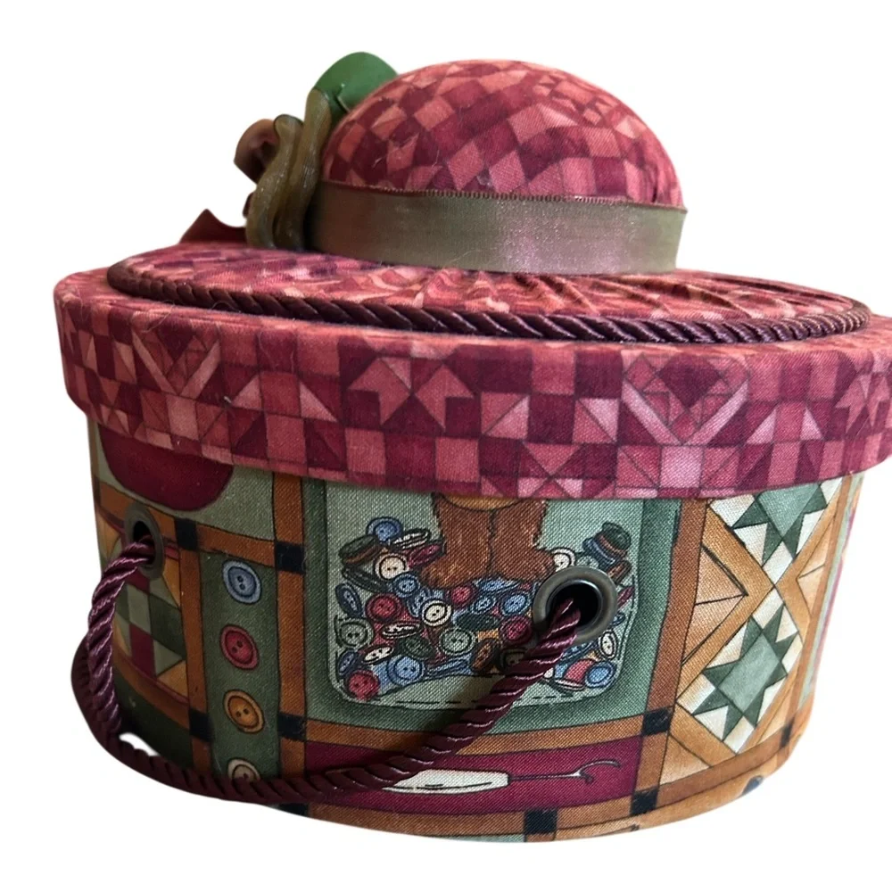 Vintage Fabric Covered Hat Box Shape Sewing Basket Organizer with Floral Accent